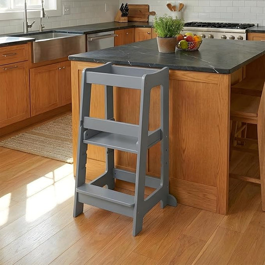Stepup Baby Toddler Step Stool - Adjustable Height Kids Helper Step Stool, Durable, Non-Slip and Bathroom Sink, Platform for Kitchen, Toddler Tower for Exploration and Growth - Grey