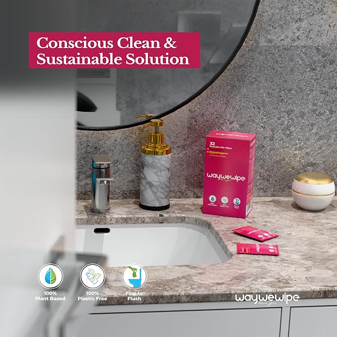 On-The-Go Flushable Feminine Wet Wipes, 32 Count XL Individually Wrapped Female Wipes, Hypoallergenic 100% Plant Based Septic Safe, Travel Size Adult Cleansing Cloth for Women, Rosewater