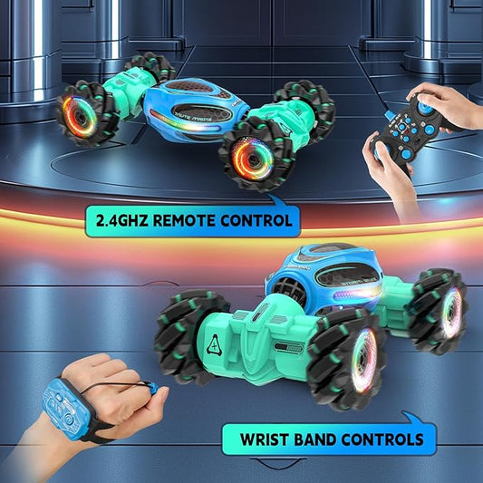 Remote Control Car for Boys - RC Cars for Boy Age 4-12, Gesture Sensing RC Stunt Drift Car for Kids Toys 4 5 6 7 8 9 10 11 12 Year Old Boy Birthday with Cool Lights Music (Blue)