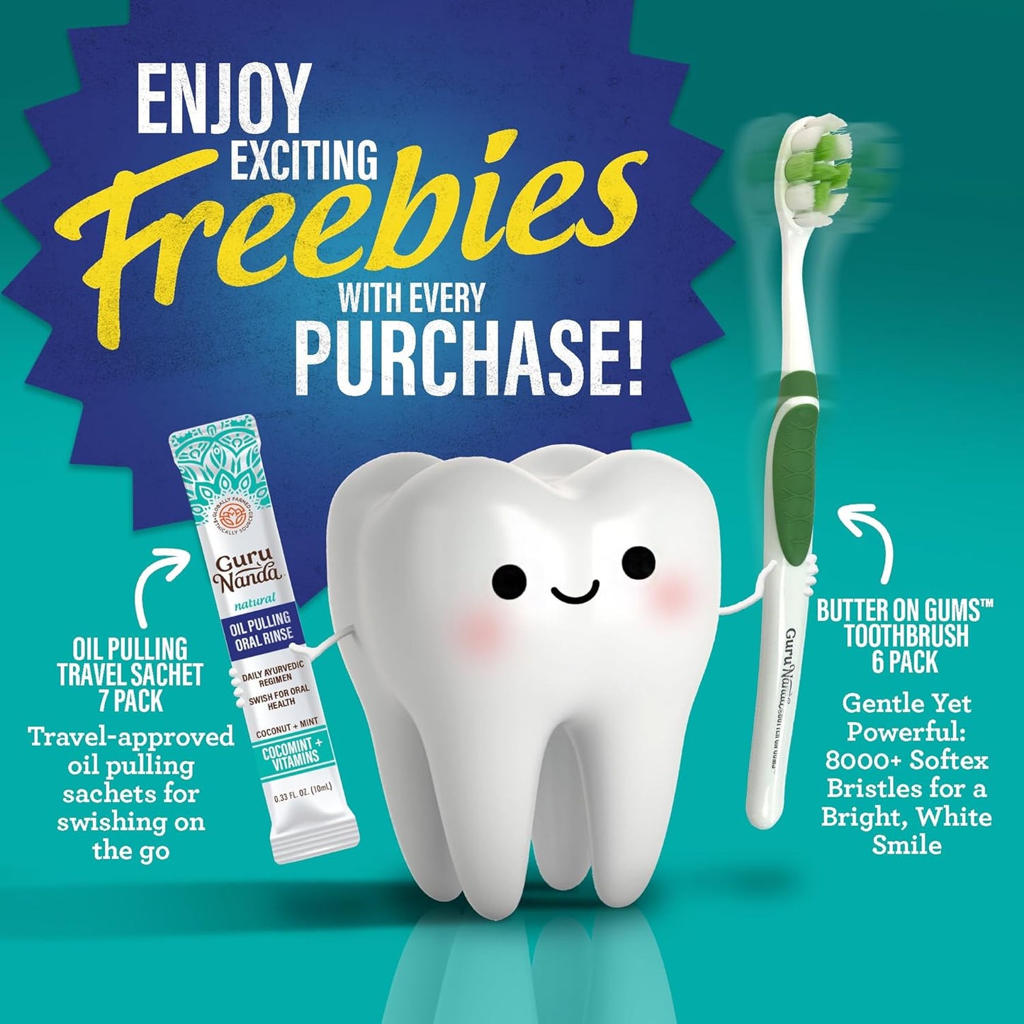 GuruNanda Total Smile Makeover Kit Regular with Cocomint Oil Pulling, Dual Barrel Whitening Mouthwash, Whitening Strips & Butter on Gums Toothbrushes