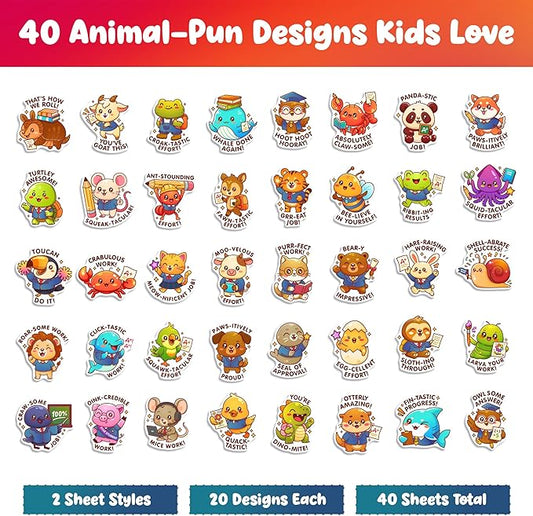 Animal Pun Reward Stickers – 800 Cute Incentive Stickers for Kids, 40 Unique Designs, Classroom & Homeschool Rewards, Homework & Behavior Charts