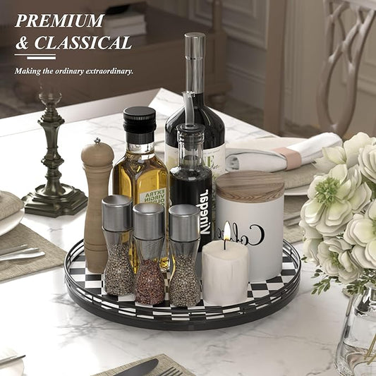 Black and White Kitchen Lazy Susan Turntable – Checkered Round Decorative Tray, 13” Table Top Oak Wood Lazy Susan for Cookies, Dining Table Organizer, Small Kitchen Table Centerpiece