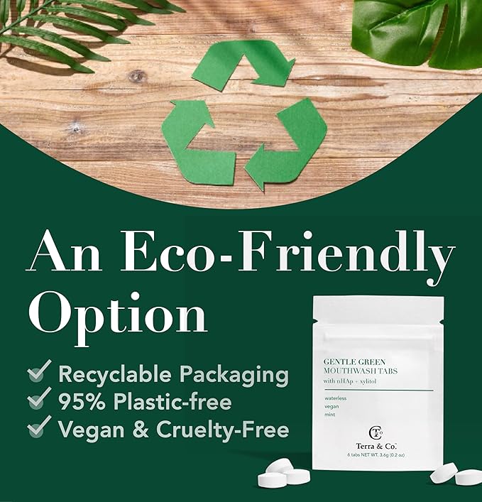 Terra & Co. Gentle Green Toothpaste Tablets – 5 Travel Sachets with 6 Fluoride-Free Tabs Each – Nano-Hydroxyapatite Mouthwash for Oral Health – TSA-Compliant, Plastic-Free, Mint Flavor, Eco-Friendly