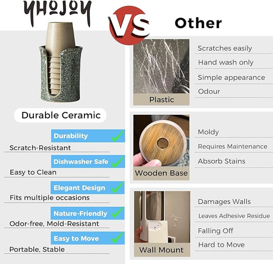 Ceramic Bathroom Cup Holder, Bathroom Cup Dispenser for Dixie Cups 3 Oz Bathroom Cups, Mouthwash Cup Dispenser Small Paper Cups Holder for Bathroom Vanity Countertop, Stoneware Design, Gray