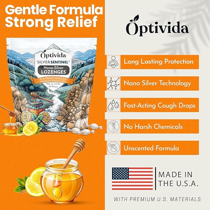 OPTIVIDA Health Colloidal Silver Lozenges with Honey & Lemon Oil (1 Pack) - Soothing Sore Throat Lozenges for Adults with Cough Relief & Fast-Acting Nano Silver Formula for Immune Support, 60 Ppm