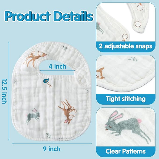 Zainpe 6Pcs Snap Muslin Cotton Baby Bibs Owl Fox Leaf Bear Bib with 6 Absorbent & Soft Layers Machine Washable Adjustable Burp Cloth for Infant Girl Boy Toddler Drooling Eating Teething 0 to 24 Months