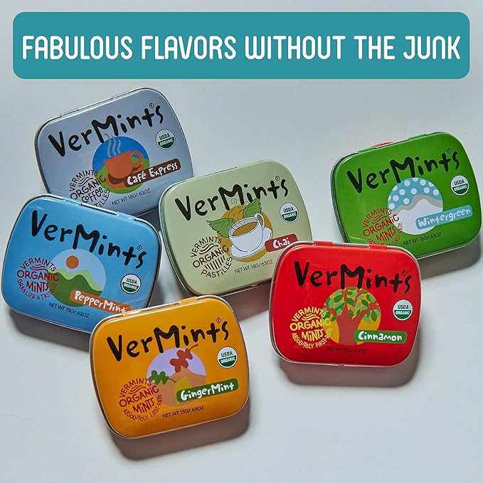 VerMints Organic Breath Mints GingerMint - Real Ginger Flavored Candies - Travel Size Tin - Non-GMO, Nut Free, Gluten Free, Vegan, Kosher & Organic Candy Mints - .63oz/18g (Pack of 12)