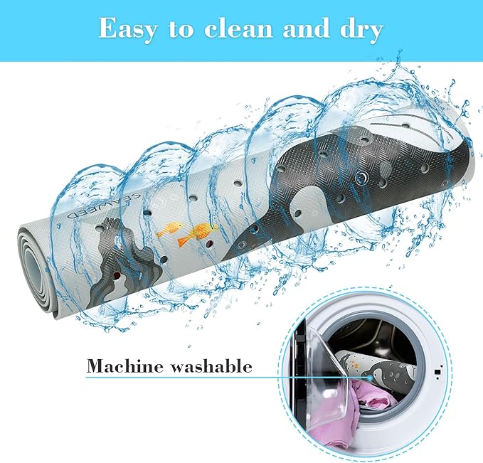 Bath Mat for Tub Non Slip, Machine Washable Anti-Slip Cartoon Baby Bathtub Shower Mat with Drain Holes and Suction Cups for Toddler & Kids, 40 Inch x 16 Inch, Greige Sea Animals