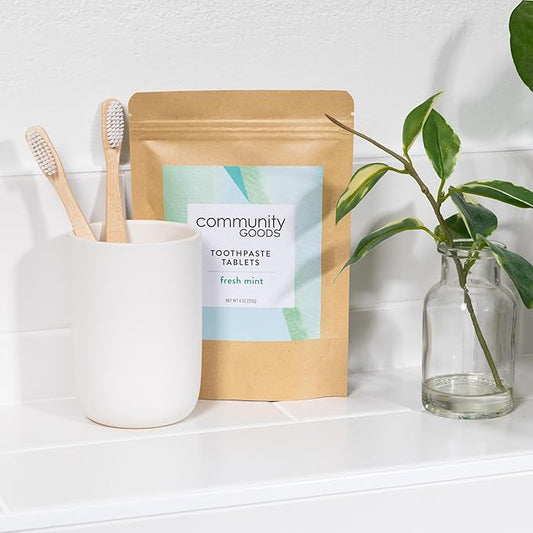 Fresh Mint Toothpaste Tabs (Community Goods Fresh Mint Toothpaste Tablets with Nano Hydroxyapatite | Naturally Whitens, Fluoride-Free, Cruelty-Free, Vegan | Kraft Pouch with 248 tabs, 4 Month Supply)