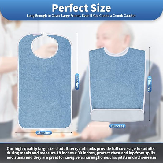 3 Pack Premium Unisex Adult Bibs for Elderly Women Men, Waterproof Bib for Eating, Adjustable and Washable (Blue)