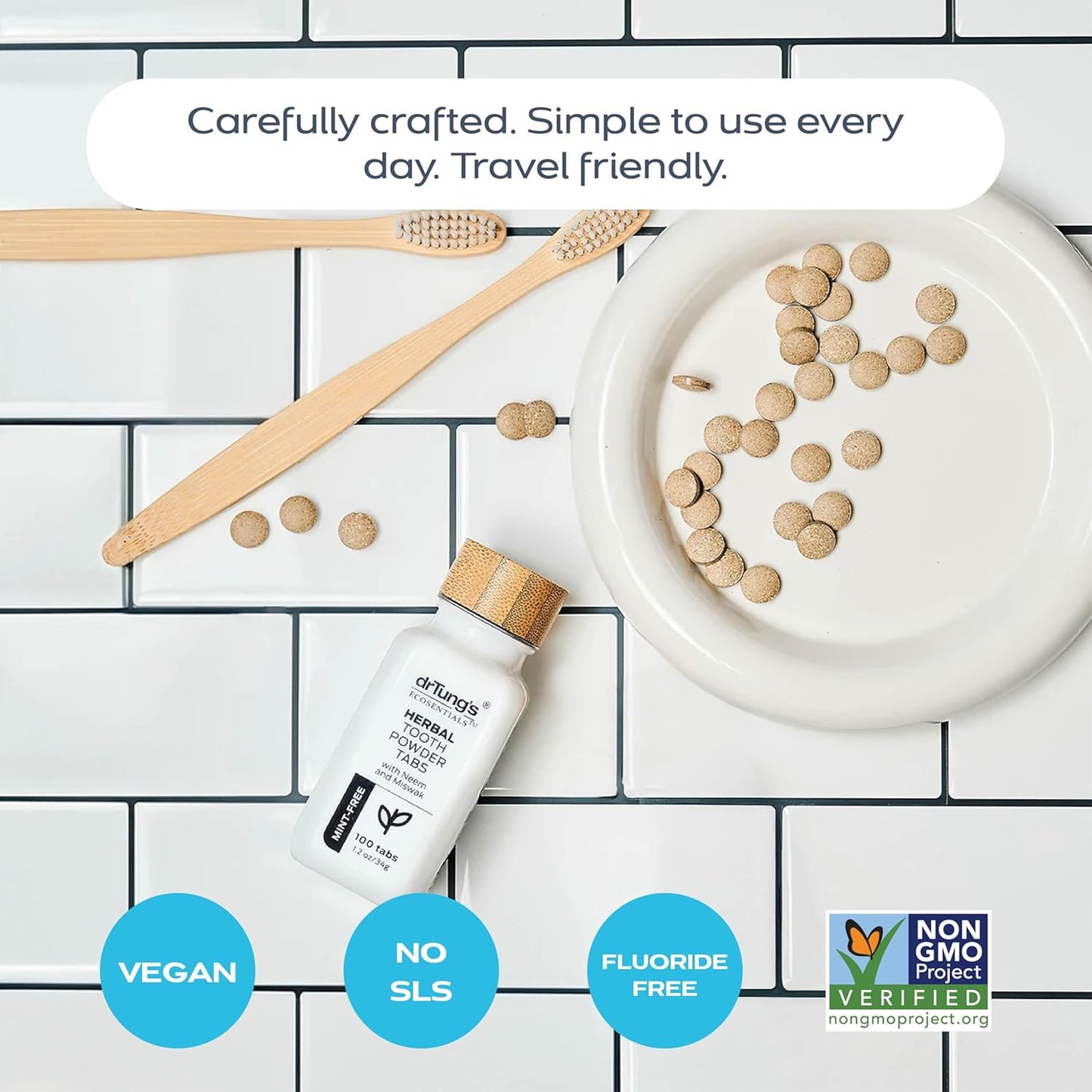 drTung's Herbal Toothpaste Tablets - Toothpaste Tabs for Dry Mouth Relief, Natural Tooth Powder Tablets for Fresh Breath, Fluoride Free, Travel Size, Vegan, Non-GMO - Mint-Free (100 Tabs), 3-Pack