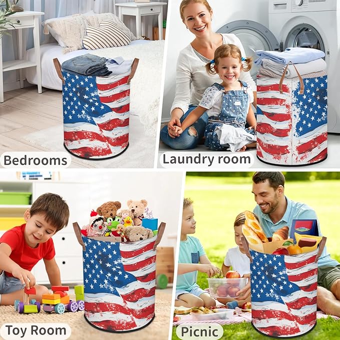 62L Flag Laundry Basket for Clothes Books Toys Adult Kids Rotundity Laundry Hampers Bin for Bathroom Kitchen Hotel