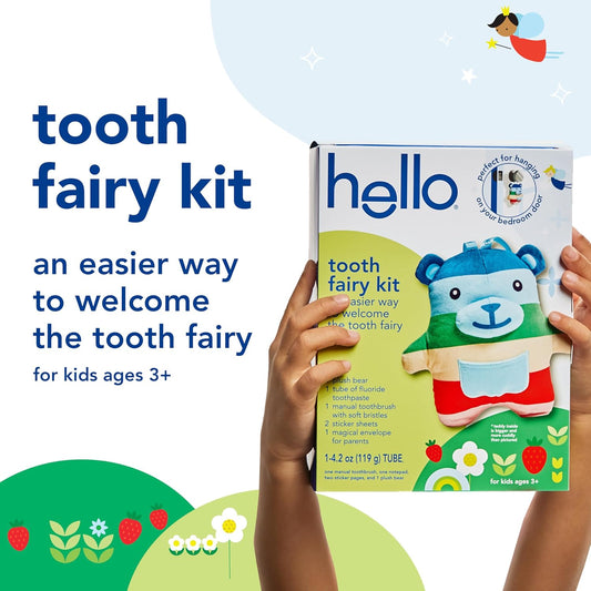 hello Tooth Fairy Kit with Tooth Fairy Door Hanger and Teddy Bear, Includes Full Size Fluoride Kids Strawberry Toothpaste and Kids Toothbrush, for Children Ages 3 and Up