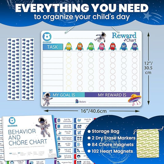 QUOKKA Magnetic Behavior Chore Chart for Kids at Home - Blue Reward Visual Schedule Chart - Dry and Erase Routine and Responsibility - Use 99 Magnets Markers Stickers - from Toddlers to Teens