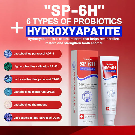 Woadee SP-6 Hydroxyapatite Toothpaste, SP-6 Probiotic Whitening Toothpaste,6 Probiotics+Hydroxyapatite Formula for Teeth Whitening, Strengthening and Enamel Protection,Mint Flavor, Fresh Breath(4)