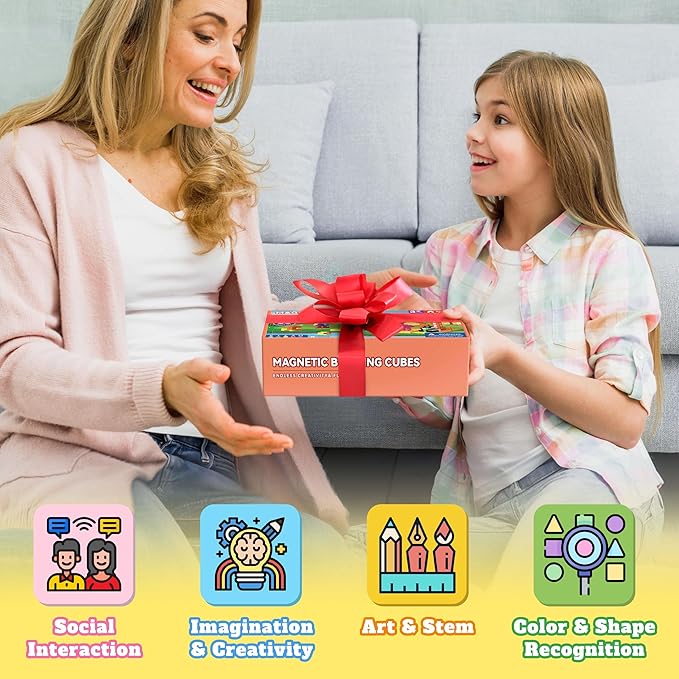 65 PCS Magnetic Blocks Set, 1" Magnet Building Blocks with Toy Eyes and Storage Bag for Kids Gifts, STEM Educational Preschool Sensory Toys for Toddlers Boys Girls Ages 3 4 5 6 7 8 + (Bright Color)