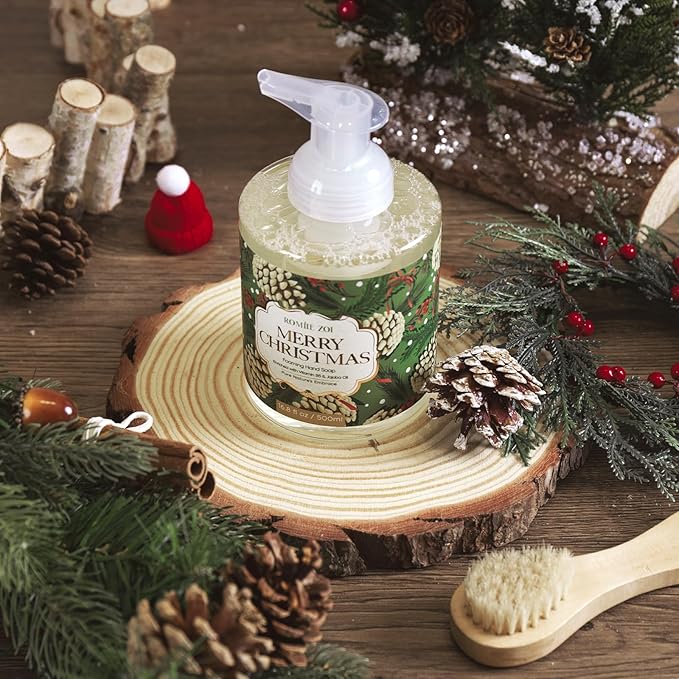 ROMIIE ZOI Christmas Foaming Hand Soap with Gift Box- Merry Christmas Design, Infused with Fresh Balsam Fir Scent -Holiday Bathroom Soap for Winter Decoration and Gifting – 500ml / 16.8oz