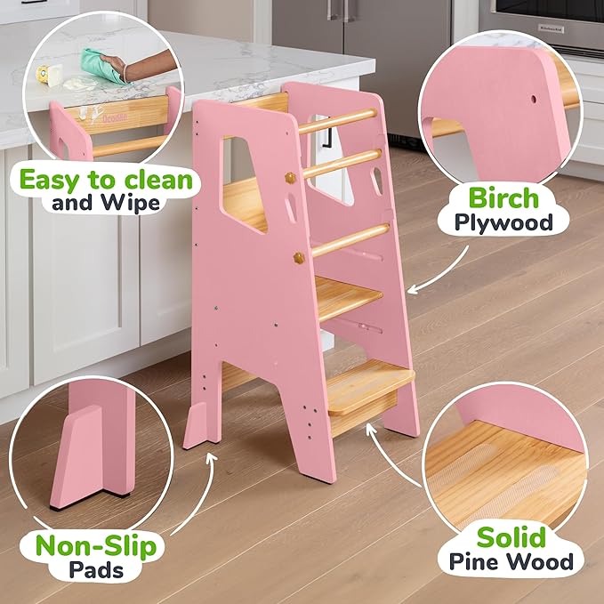 OCODILE Toddler Standing Tower - Adjustable Height Toddler Kitchen Stool Helper - Ideal Kids Kitchen Step Stool for Learning New Skills - Updated Design with Safety Feet - Pink