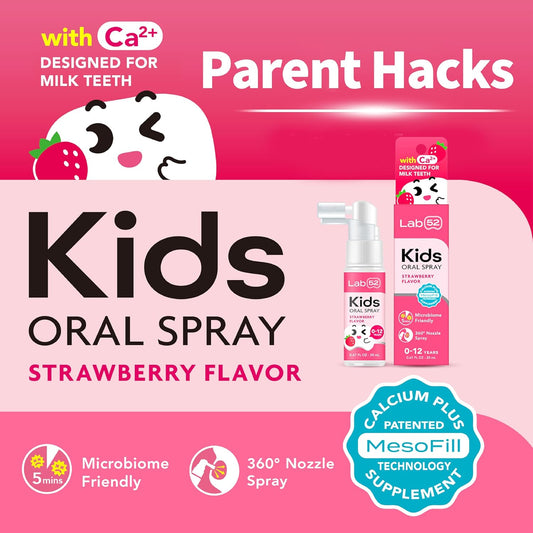 LAB52 Kids Oral Spray, Toddler Toothpaste Helper for Daily Oral Care and Fresh Breath, Children Approved with Fluoride Free for Newborn to Preschoolers, Xylitol (Strawberry & Vanilla)