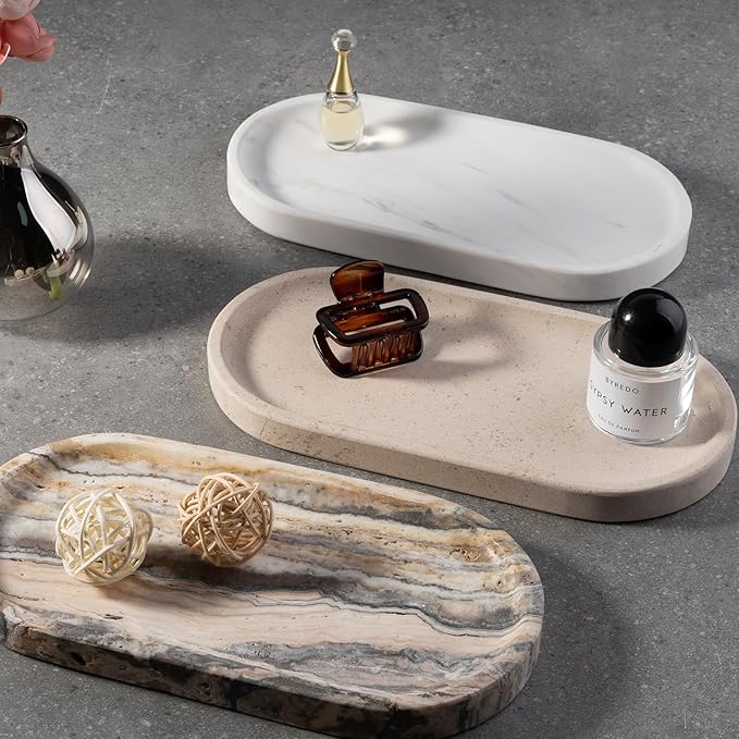 Koville Natural Marble Tray for Bathroom, Vanity Decorative Marble Trays for Countertop Organizer, Catchall Trays for Perfume, Candles, Jewelry, Stone Tray for Decor(Moca Crema Yellow)