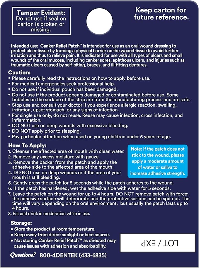 DenTek Canker Relief Patches for Canker Sore Pain Relief, Helps Relieve Soreness from Braces & Oral Wounds, 6 Count