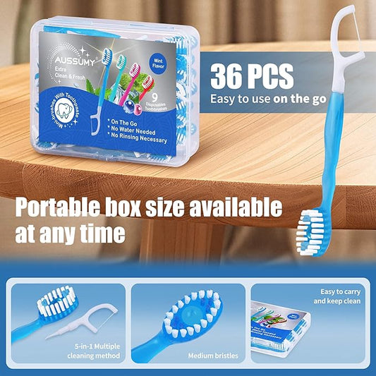 36 Pack Mini Disposable Toothbrushes – 5-in-1 Prepasted Travel Toothbrush with Toothpaste Floss & Pick for Hotel Camping Flight Car Guest Use – 9ct per Portable Case Essentials for Women Men Kids