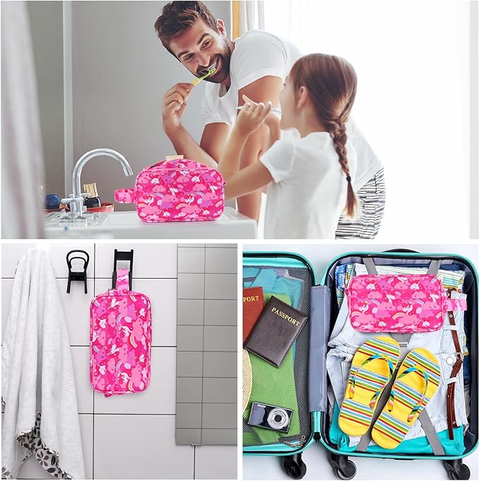 Unicorn Kids Toiletry Bag for Girls, Travel Toiletry Bag for Little Young Girls Cosmetic Bag Makeup Bag Waterproof Hanging Wash Bag Toddler Toiletries, Pink