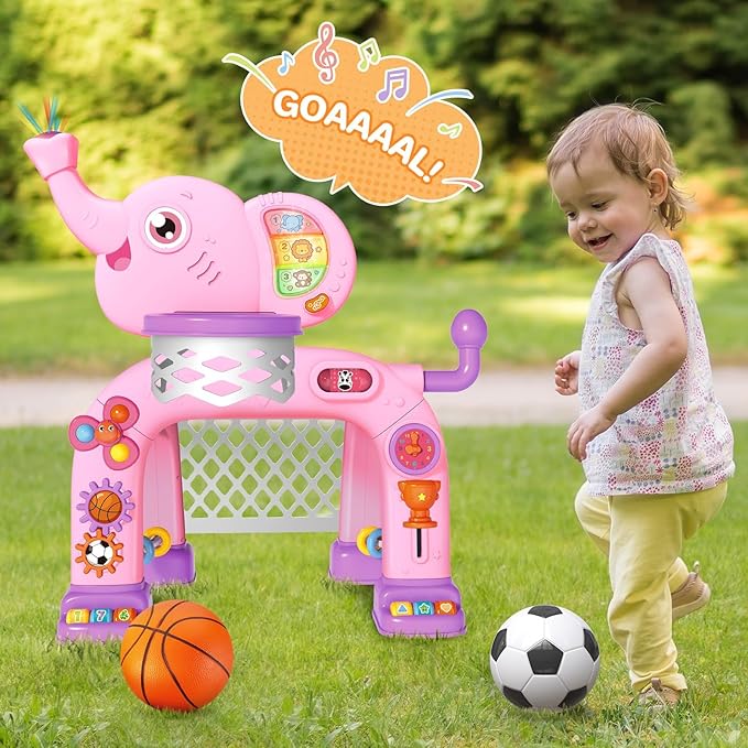Shemira Toddler Basketball Hoop & Soccer Goal Activity Center Toys with Light & Music,Elephant Toddlers Musical Toys Gift, Baby & Toddlers Christmas Birthday Gift for 1 2 3 Year Old Boys & Girls