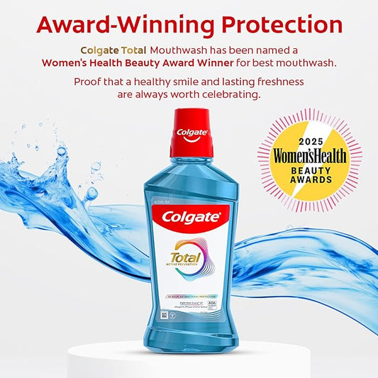 Colgate Total Alcohol Free Mouthwash, Non Burning Peppermint for Bad Breath, Helps Prevent Gingivitis and Plaque, No-Alcohol Mouthwash, Peppermint, 1.0 L