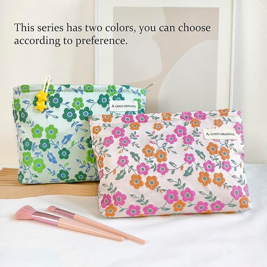 STARDW Aesthetic Floral Makeup Bag Cute Small Cosmetic Bags for Women Girls, Travel Toiletry Bag Large Capacity Zipper Makeup Pouch, Purse Organizer Pouches (Pink Flowers)