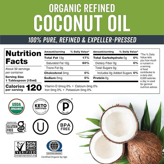 Viva Naturals Refined Coconut Oil, 16 fl oz – Expeller-Pressed, USDA Organic, Neutral Flavor & Aroma, Ideal for Cooking, Baking, Hair & Skin Moisturizer