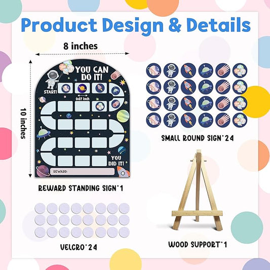 Outer Space Reward Chart, Behavior Chart for Kids at Home, Wooden Incentive Chart Signboard with 24 Tokens, Galaxy Themed Sticker Charts Classroom Essentials -02