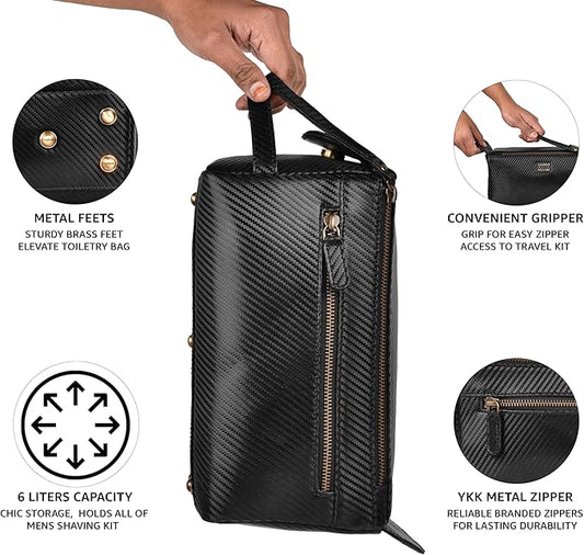 LEATHER VILLAGE Premium Carbon Fiber Genuine Leather Travel Toiletry Bag - Large Compact Dopp Kit, Water-Resistance Shaving & Cosmetic Organizer for Men & Women - Black