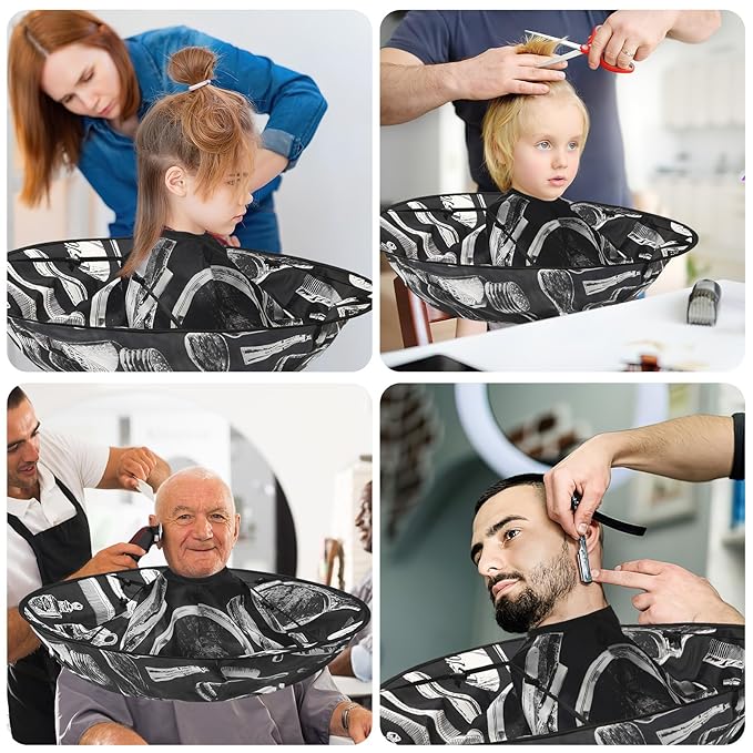 FEBSNOW Hair Cutting Cloak Cape, Black Prints Adjustable Haircut Cape Foldable Umbrella for Adults Kids Home Salon Barber Supplies