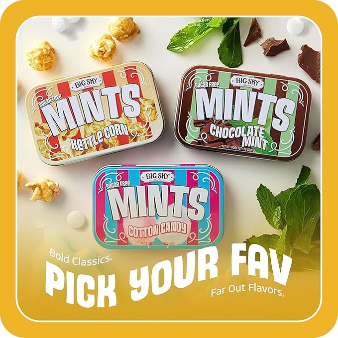 Big Sky Sugar Free Mints Kettlecorn| Sugarfree, No Artificial Colors or Flavors | Kosher Certified, Vegan, Gluten Free | Aspartame & Xylitol Free | 50 Count Tin (Pack of 6)