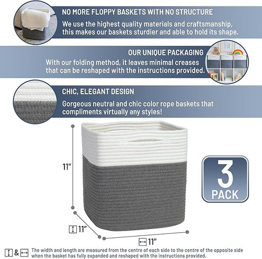 NaturalCozy Storage Cubes 11 Inch Cotton Rope Woven Baskets for Organizing, 3-Pack | Cube Storage Bin | Square Storage Baskets for Shelves Organizer, Classroom, Kids Toy Bins, Closet, Baby Nursery