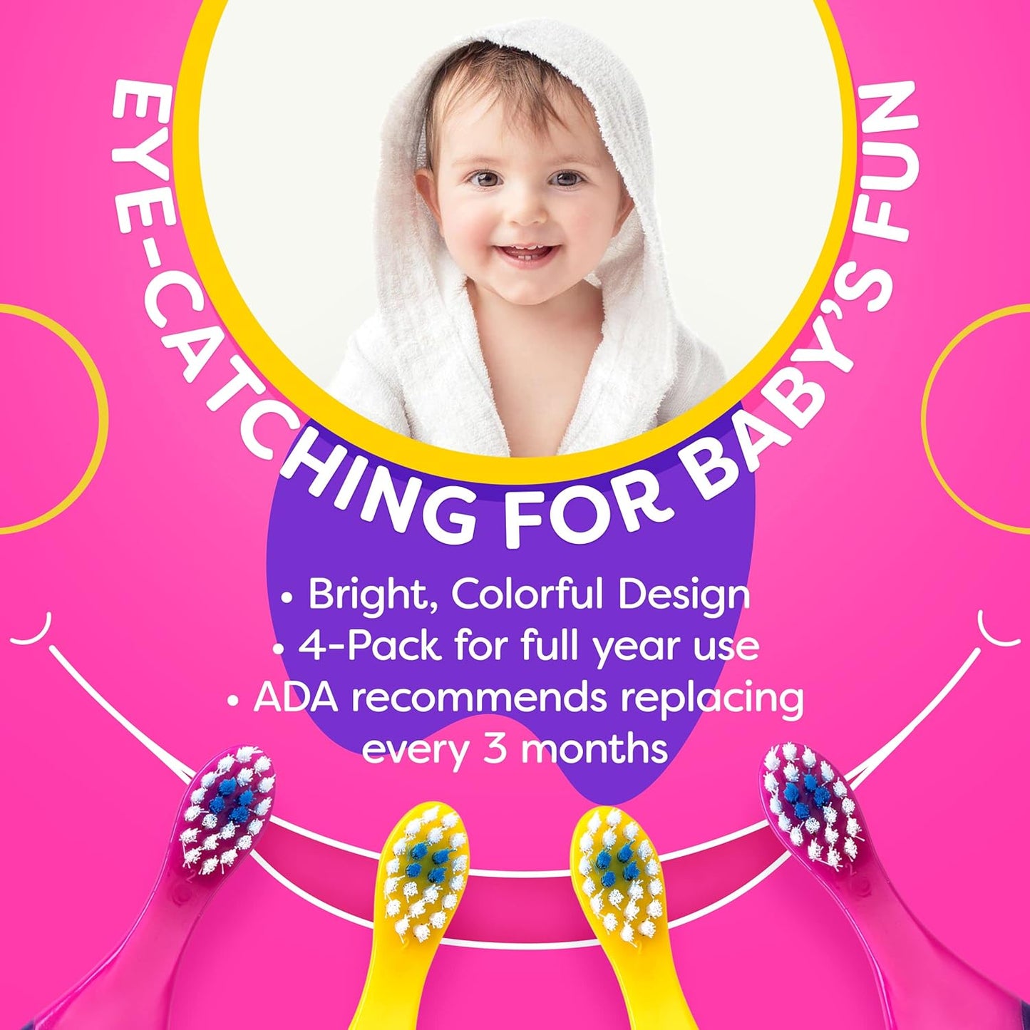 Baby Toothbrush 12 months and up - Toddler Toothbrush - Soft Bristles - Child Sized Brush Heads - Infant toothbrush - Kids Tooth Brush - Easy Storage - Girl Set (4-Pack, Pink & Purple - Color)