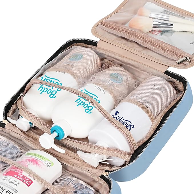 NISHEL Travel Toiletry Bag for women, Portable Hanging Organizer for Family-Sized Shampoo, Conditioner, Brushes Set, Makeup Accessories, Extra Large Size, Placid-Blue