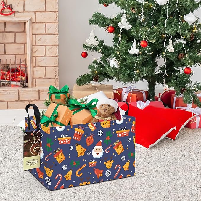 HUNRUNG Rectangle Storage Basket Cute Canvas Organizer Bin for Pet/Children Toys, Books, Clothes Perfect for Rooms/Playroom(REC-Blue Christmas Bell)