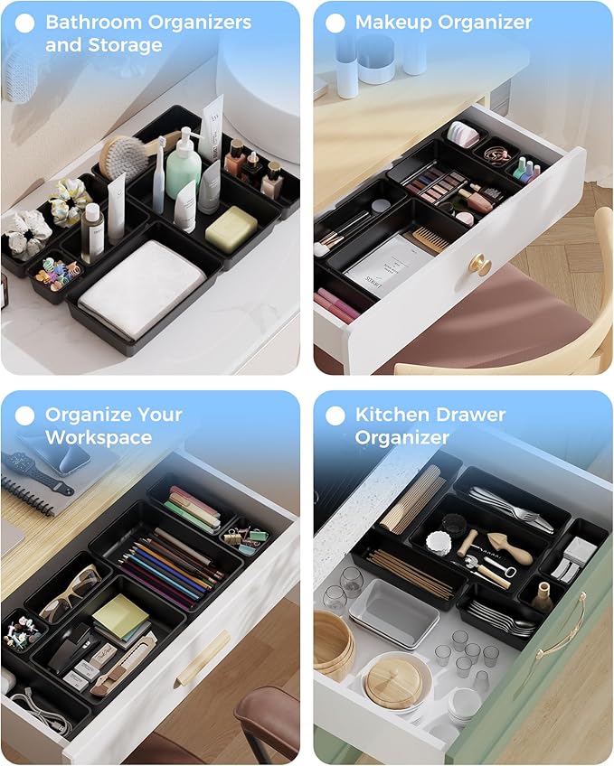 25 PCS Plastic Drawer Organizers Set, 4-Sizes Vanity and Makeup Organizer, Desk and bathroom Drawer Organizer Trays, Organizers and Storage for Makeup, Jewelry, Gadgets, Utensils (Black)