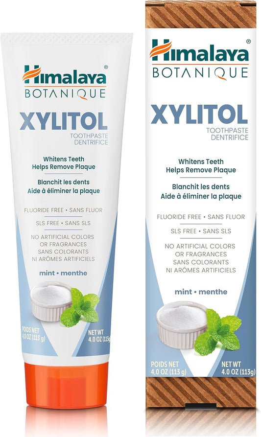 Himalaya Botanique Whitening Antiplaque Toothpaste with Xylitol, Fluoride Free, for Plaque Reduction & Gentle Whitening, 4 oz, 2 Pack