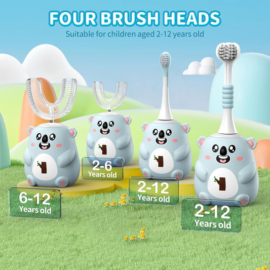 Kids U Shaped Electric Toothbrush, Automatic 360° Sonic Cleaning, 6 Modes, 4 Brush Heads, Cute Cartoon Koala Design (6-12 Age (Grey Blue))