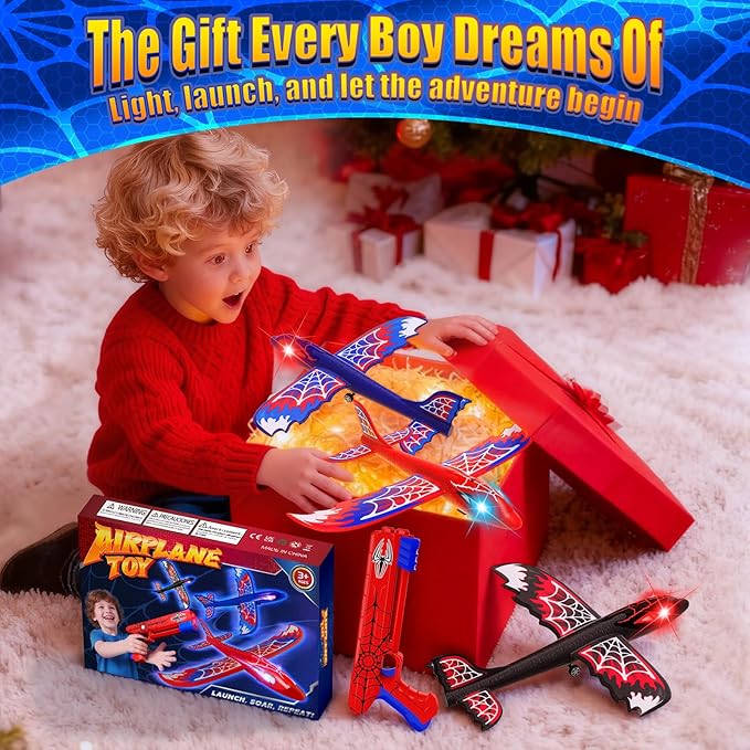 3 Pack Airplane Launcher Toy with Glowing Eyes & Web-Pattern Wings,2 Flight Modes Outdoor Games for Kids,Boys Toys Age 3-12,Birthday Gifts for 3 4 5 6 7 8 9 10 11 12 Year Old,Kids Gift(Red&Blue&Black)