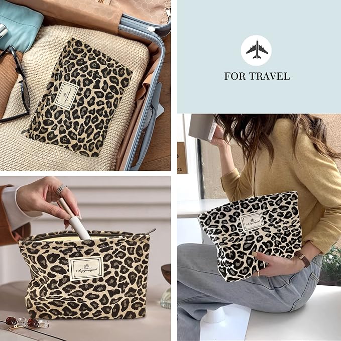 STARDW Leopard Makeup Bag Organizer Cosmetic Bags for Women and Girls,Travel Toiletry Bag Large Capacity Canvas Makeup Zipper Pouch, Purse Organizer Pouches (Brown Leopard)