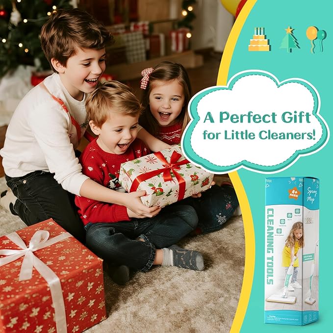 Kids Spray Mop Toy – Toddler Cleaning Set with Real Water Sprayer, Microfiber Mop Pads & Scraper – Pretend Play Montessori Cleaning Toys Gift for Preschool Toddlers Kids Boys and Girls