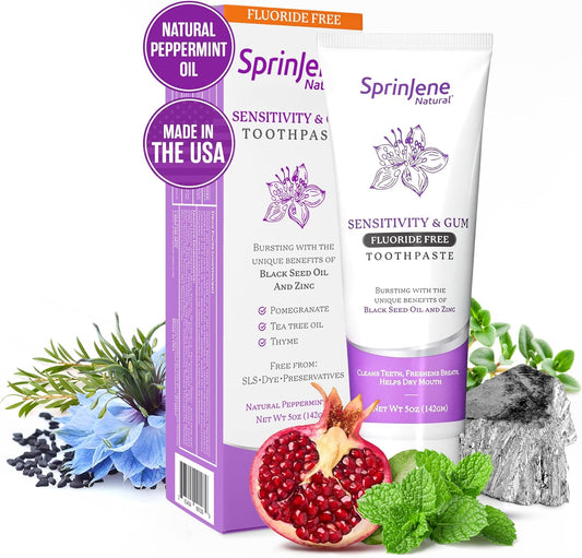 SprinJene Natural Sensitivity & Gum, Fluoride Free Toothpaste for Sensitive Teeth & Gum (1 Pack) + Fluoride Free & Alcohol Free Mouthwash