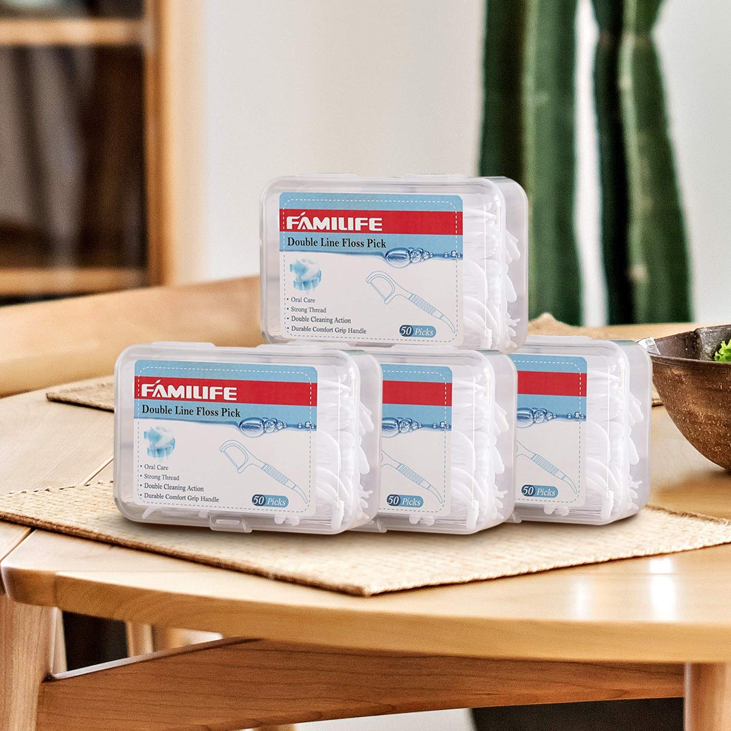 FAMILIFE Dental Floss Picks, Double Line Flossers 200 Count, Unwaxed Flossing Thinner and Tougher Unflavored Threader Flosser with 4 Travel Cases