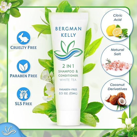 Bergman Kelly - Hotel 2 in 1 Shampoo and Conditioner - 0.5 fl oz, 200 PK, White Tea - Delight Your Guests with Revitalizing and Refreshing Travel Size Shampoo - Quality Mini Hotel Toiletries in Bulk