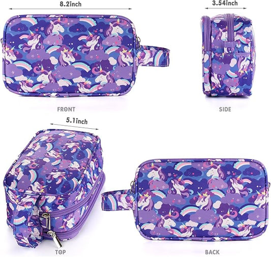 Unicorn Kids Toiletry Bag for Girls, Travel Toiletry Bag for Little Young Girls Cosmetic Bag Makeup Bag Waterproof Hanging Wash Bag Toddler Toiletries, Purple