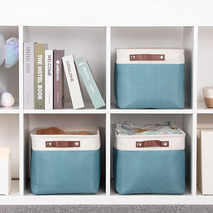 HNZIGE Storage Baskets Bins (3 Pack) Large Shelf Baskets for Clothes, Decorative Storage Bins with Handles, Canvas Collapsible Storage Bins for Organizing Storage (Gray&Teal, 15" X 11" X 9.5")